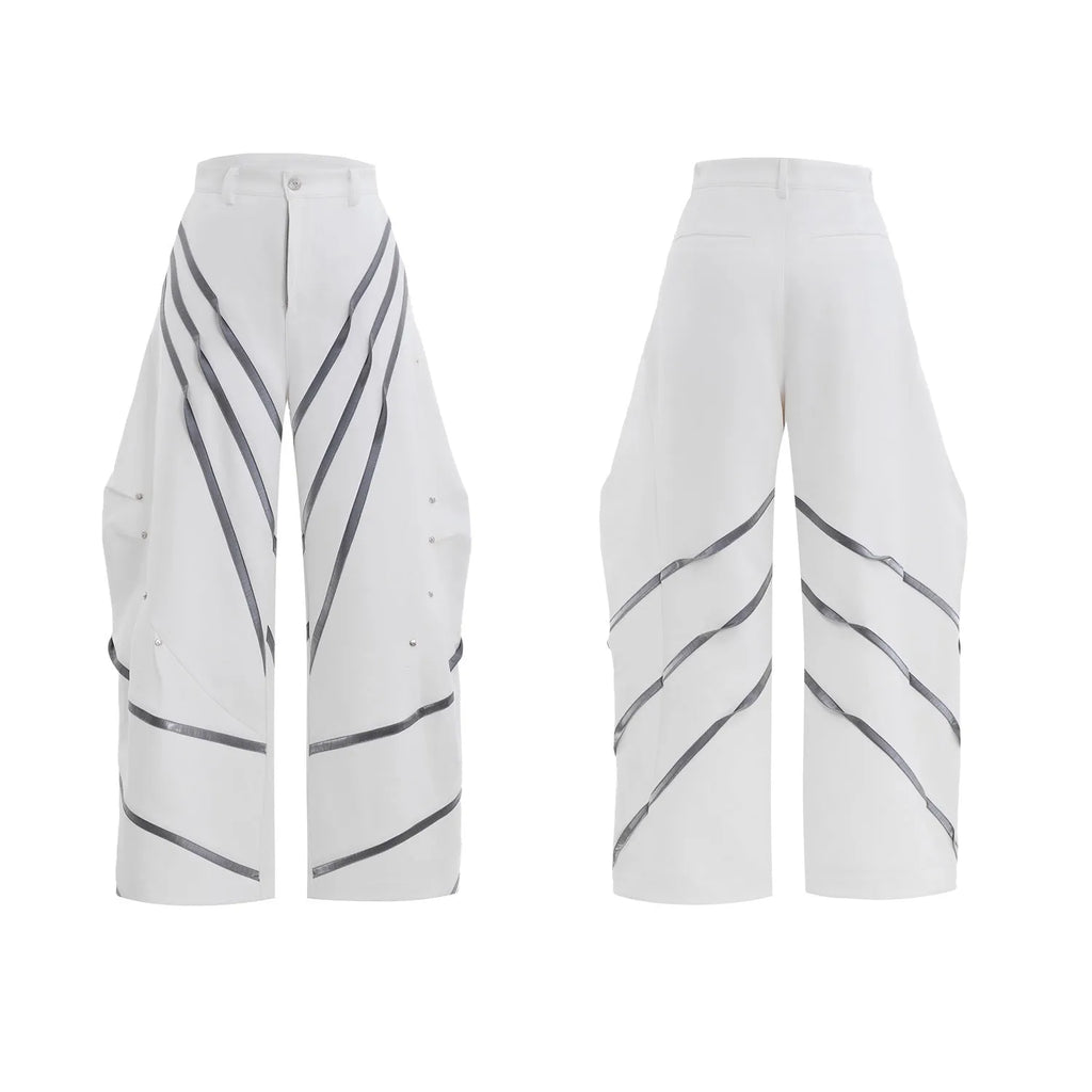 Men's trousers with three-dimensional cutting and metal striped rivet pleats in polyester fabric