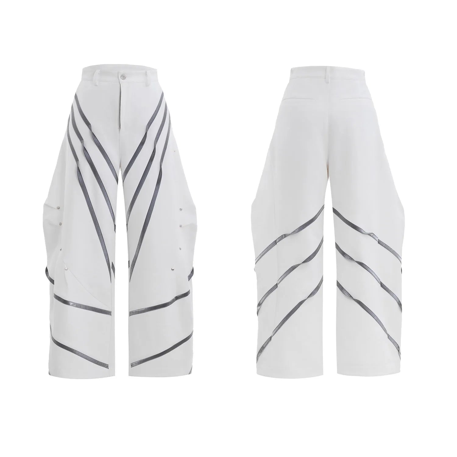 Men's trousers with three-dimensional cutting and metal striped rivet pleats in polyester fabric