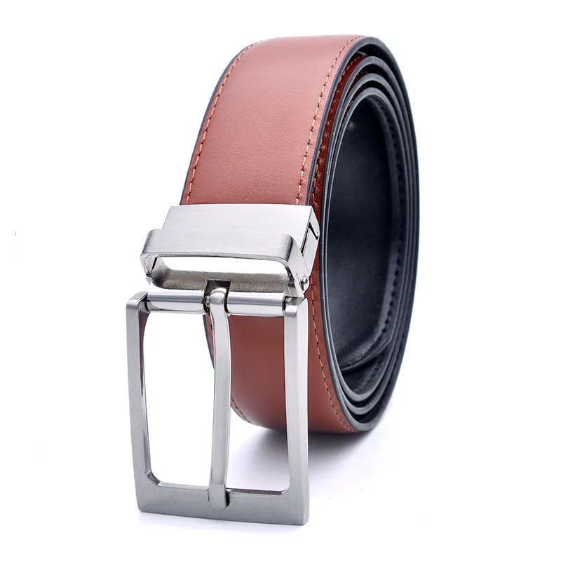 Men's brown and black genuine leather belt with rotating pin buckle showing 2-4cm width