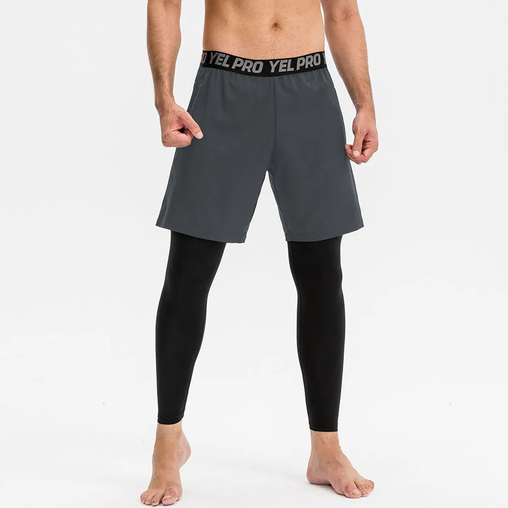 Men's grey quick-drying high elasticity tight fitness trousers for running and gym