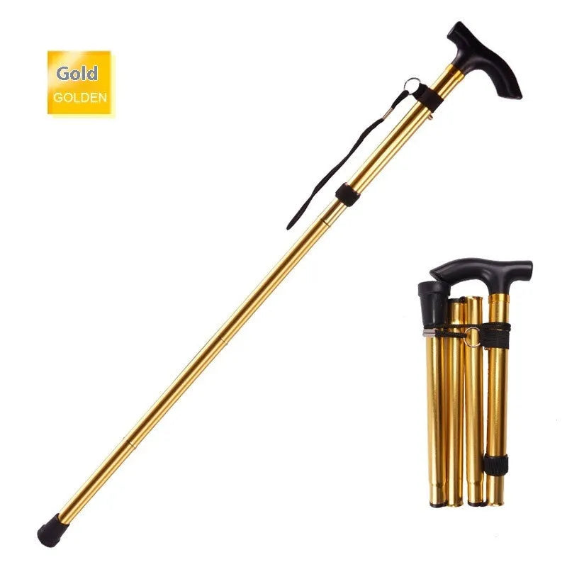 Aluminium folding walking stick extended to show adjustable length and non-slip rubber tip.