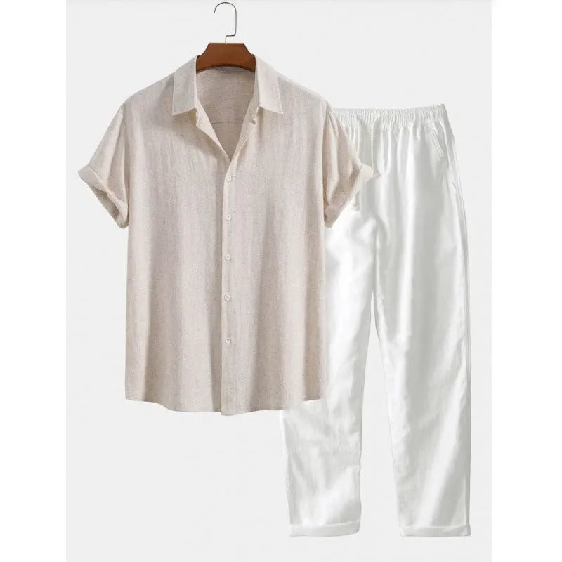 Men's casual short sleeve shirt and trousers suit in polyester linen fabric with loose fit