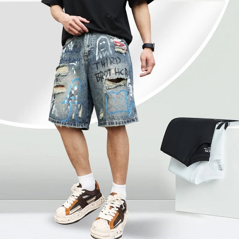 Men's blue distressed denim shorts with straight leg cut and zipper fly