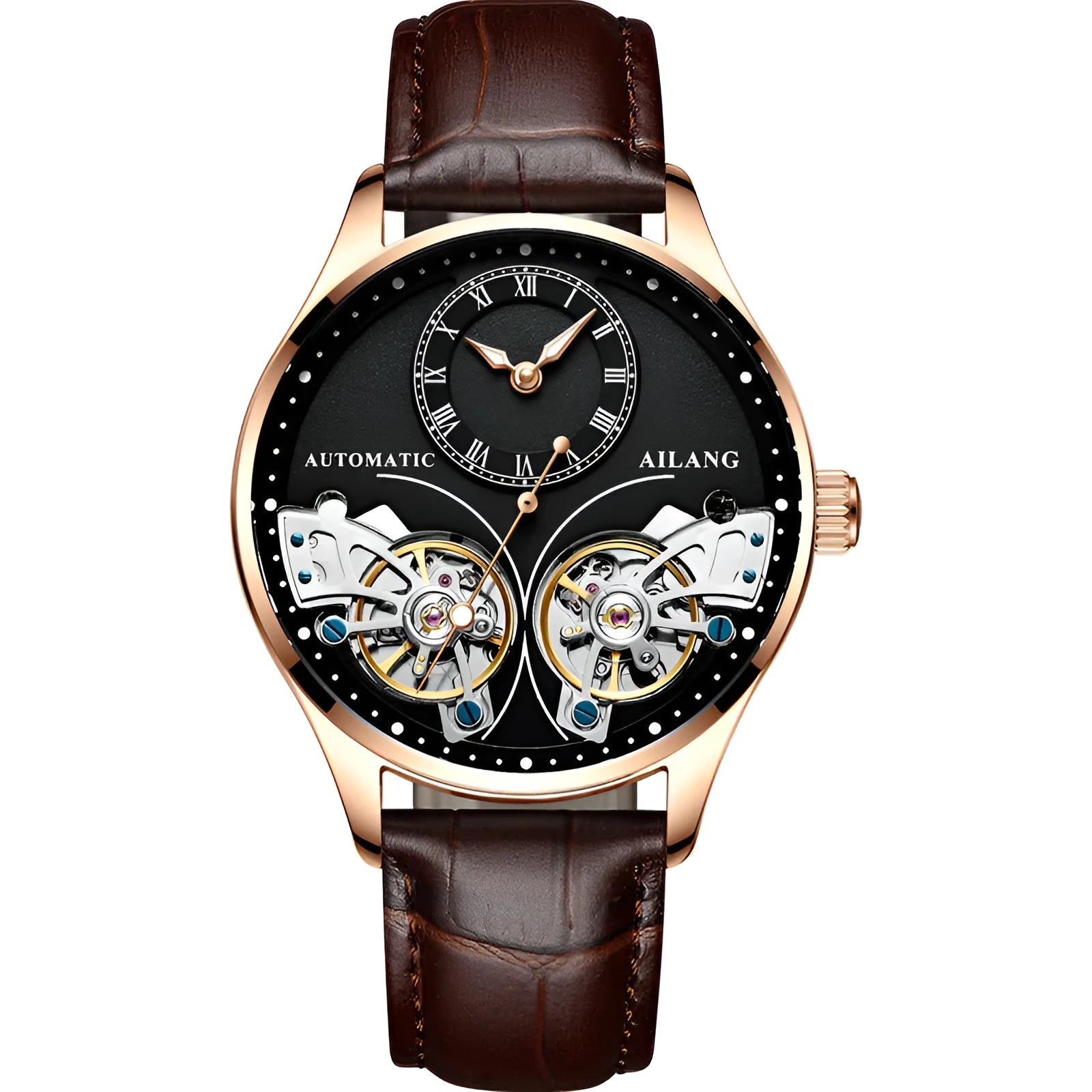 Automatic tourbillon moon phase watch with titanium case and metal face