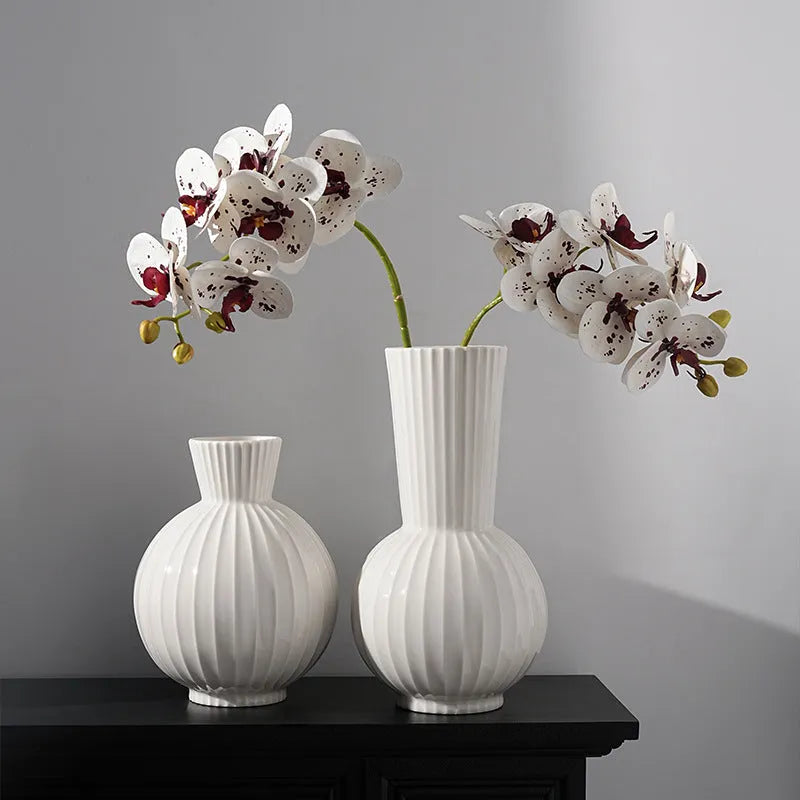 White American striped ceramic ball vase for living room decoration with orchid stem options