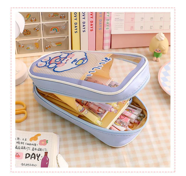 Transparent cartoon pencil case with large capacity and vertical South Korea style patterns