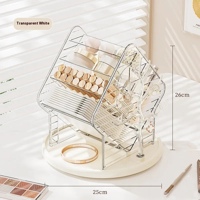 Rotating cosmetics storage box in clear and amber gold colours showing 360-degree rotation mechanism