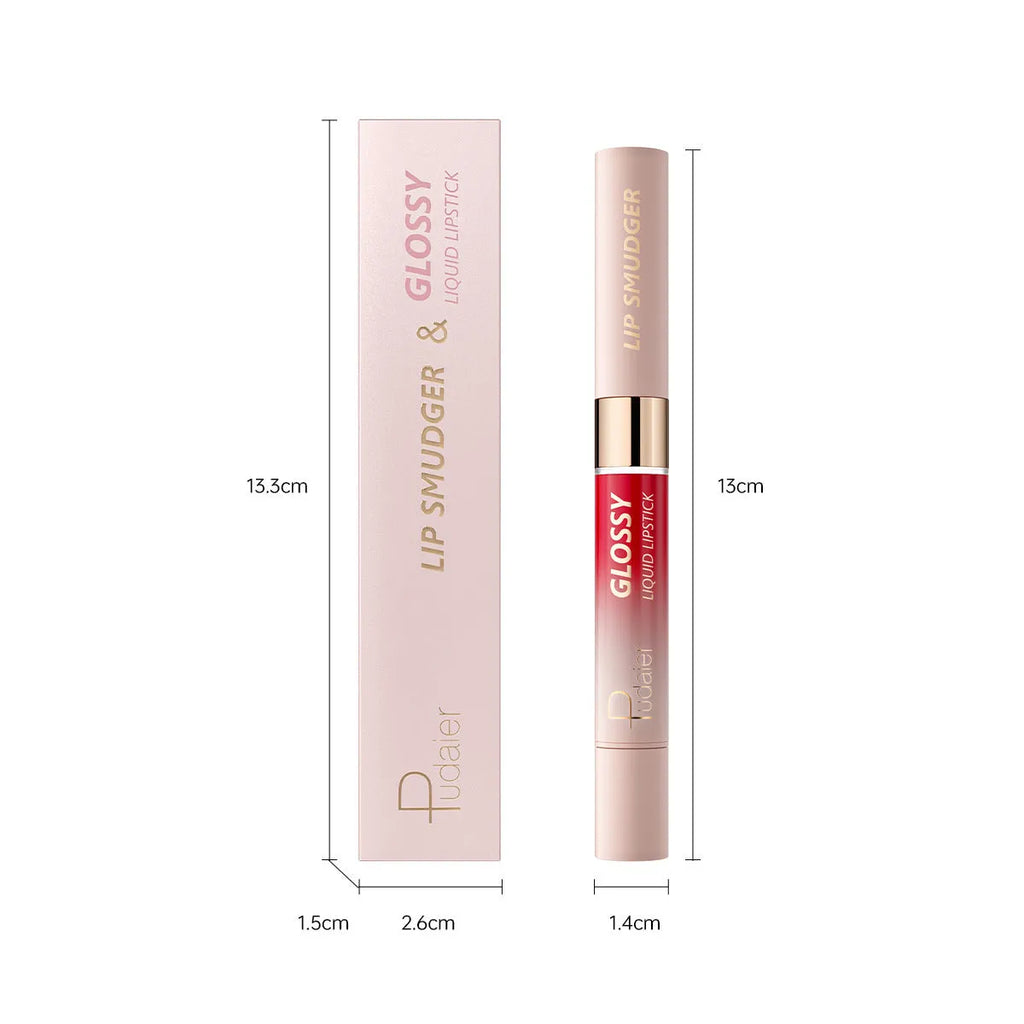 Double-headed lipstick lip gloss in matte finish showing ten different colour options from 01 to 10.