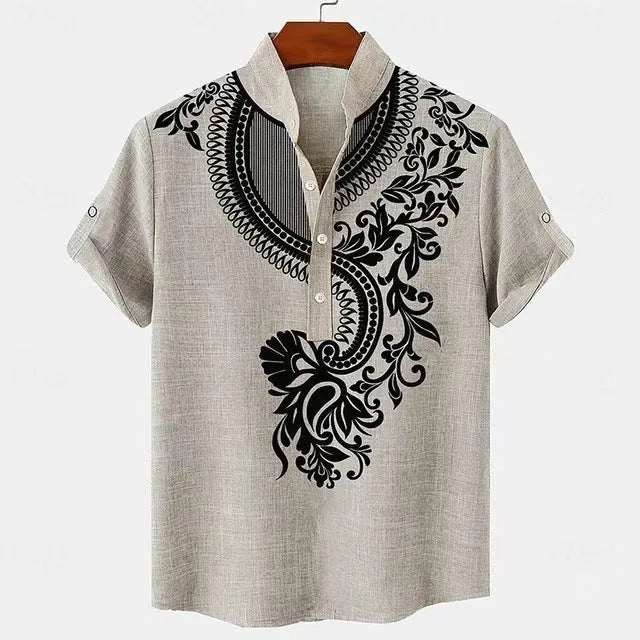 Men's striped casual linen-style shirt with personalised buttons on a hanger