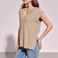 Women's v-neck sleeveless pullover vest in camel stripe pattern, loose fit viscose fabric