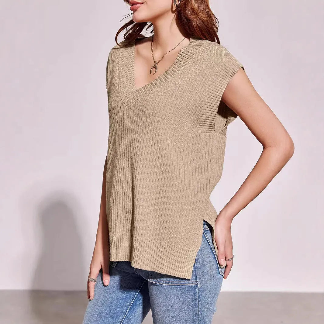 Women's v-neck sleeveless pullover vest in camel stripe pattern, loose fit viscose fabric