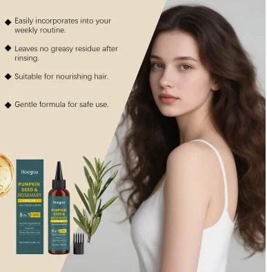 Rosemary hair essential oil 100 ml bottle with pointed applicator and hair comb on a white background.