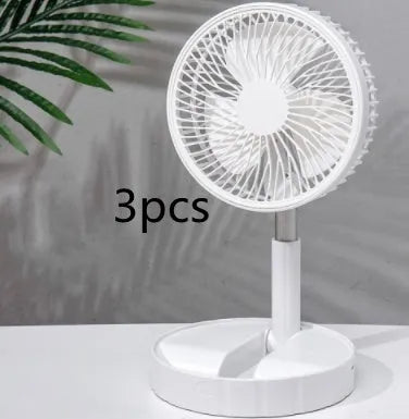Black portable telescopic folding fan extended to full height showing ABS plastic body and aluminium alloy stand
