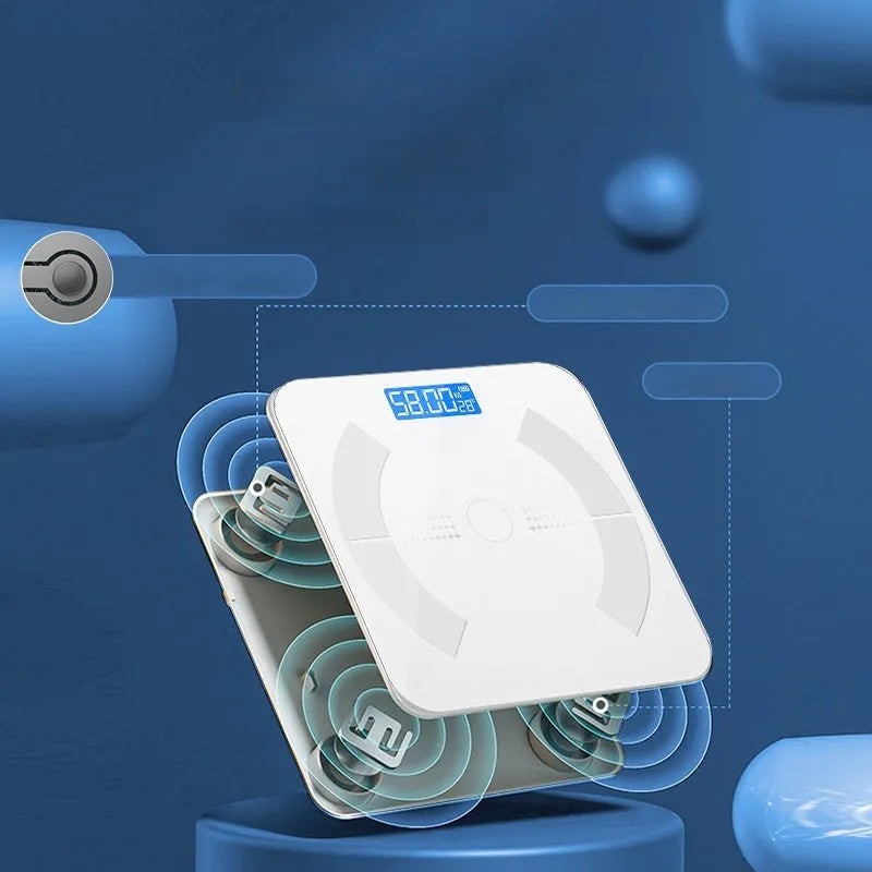 Smart Bluetooth rechargeable body fat scale in white, on a bathroom floor.