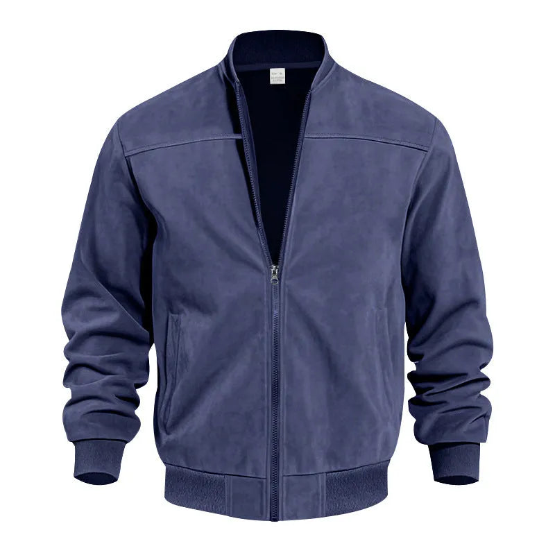 Men's Army Green suede zip-up jacket with a regular fit and standard sleeves on a hanger.