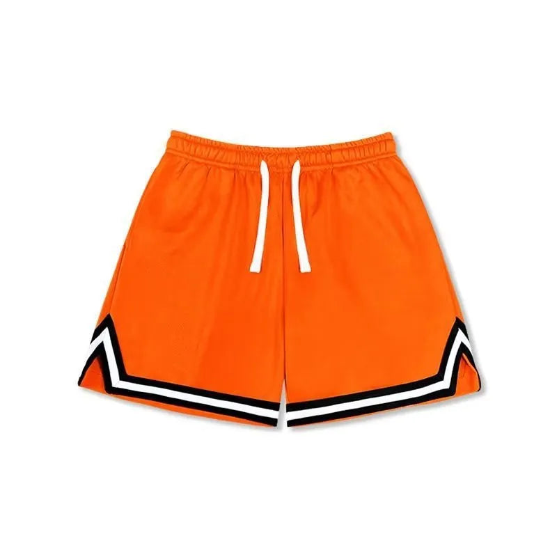 Men's loose sport shorts in polyester fabric available in nine colours including black, white, apricot, and blue shades