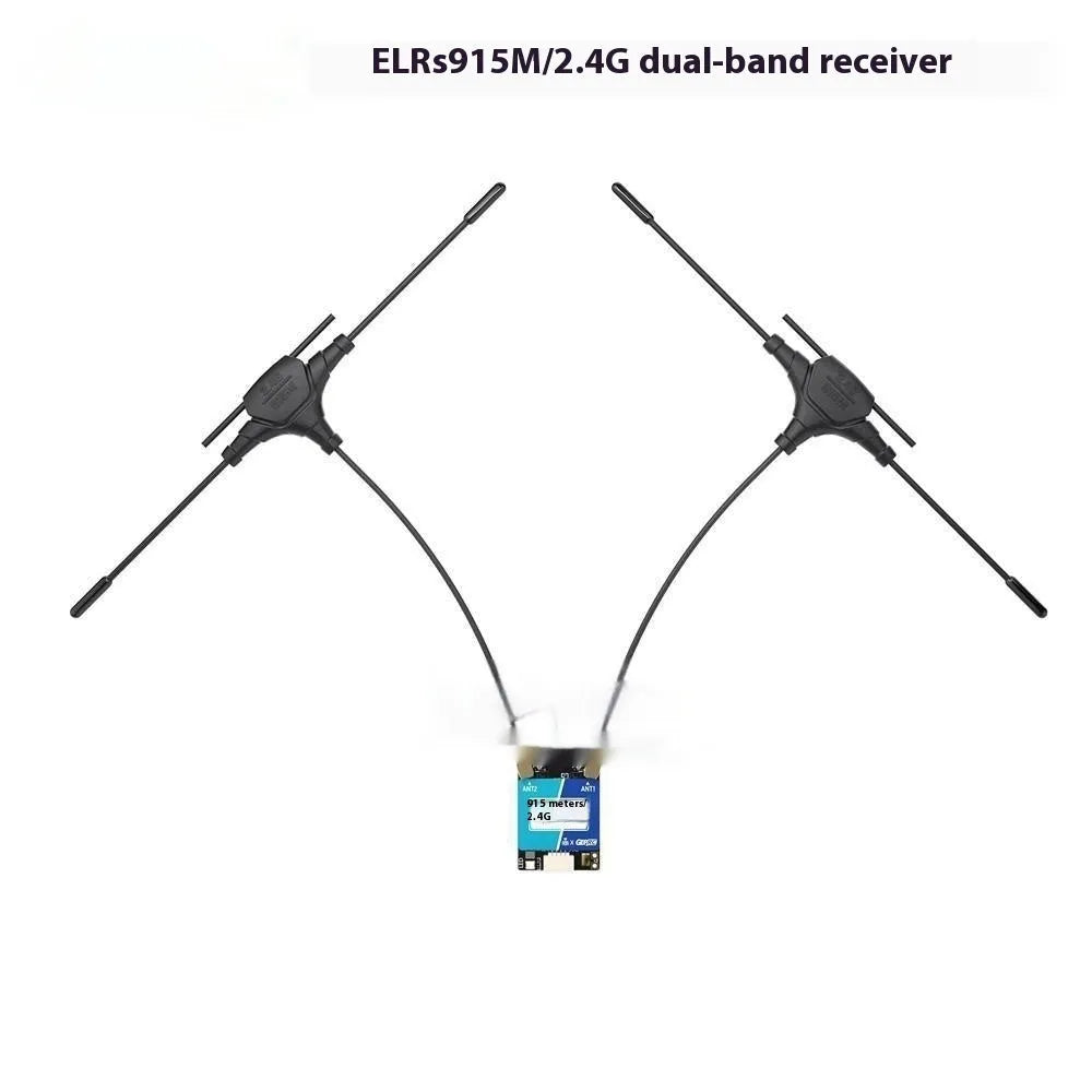 ELRS 915M 2.4G dual-frequency FPV drone receiver module with two T-shaped antennas and installation accessories