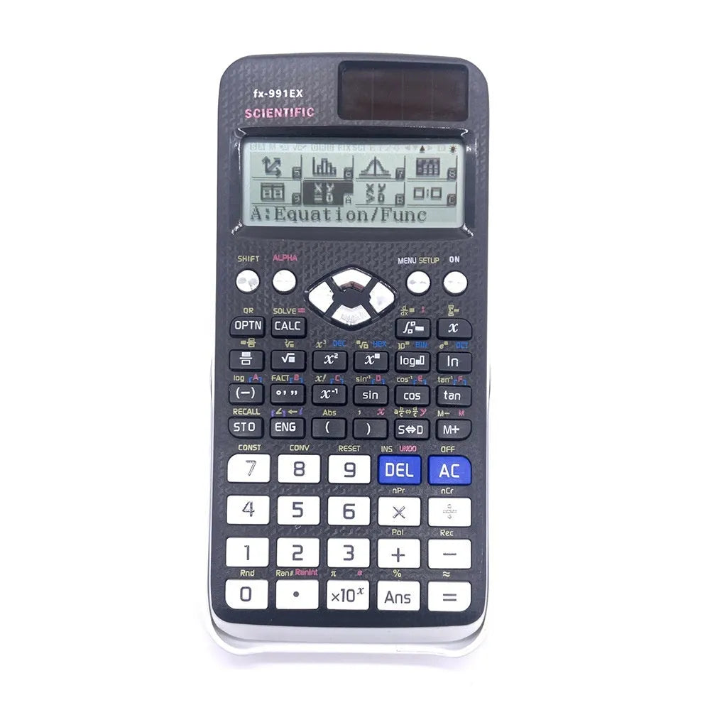 Casio 991EX solar-powered scientific calculator in black, blue, or pink for statistics and engineering