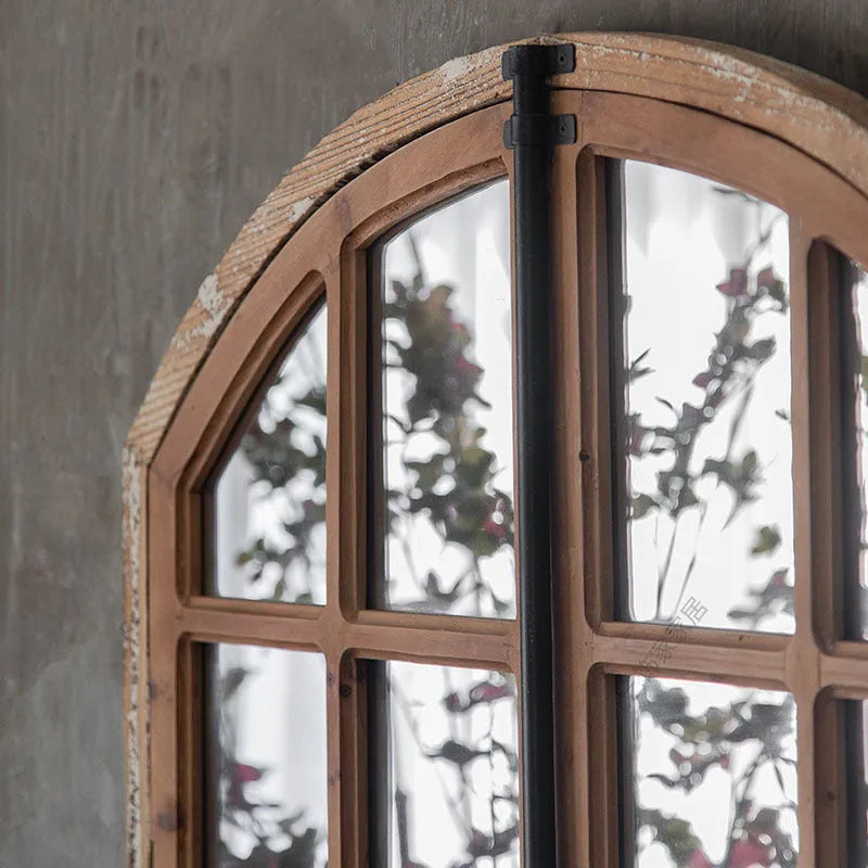 Terrace distressed wooden frame fake window wall mirror with glass panel in log colour