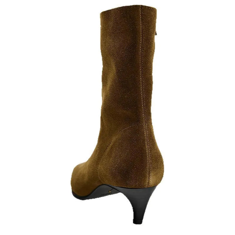 Brown women's square toe mid calf boots with a side zipper and a low kitten heel.