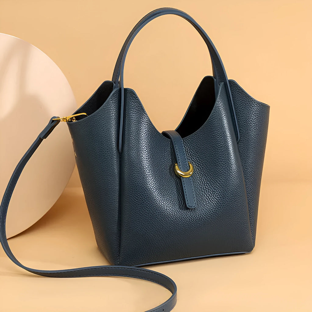 Women's genuine leather bucket handbag in four colours with file compartment and retro sewing details