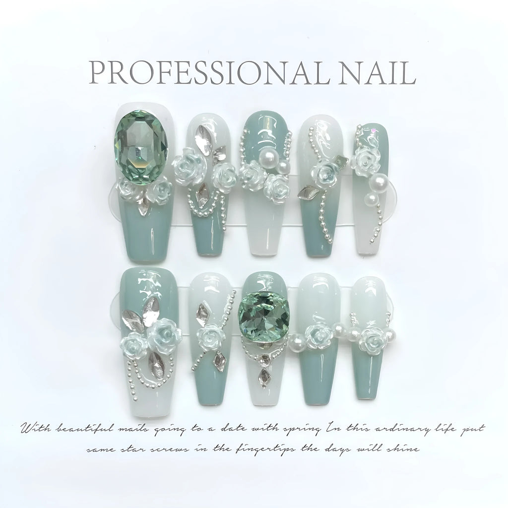 Green diamond camellia gradient chain gel nail armour suit with bow and butterfly patterns