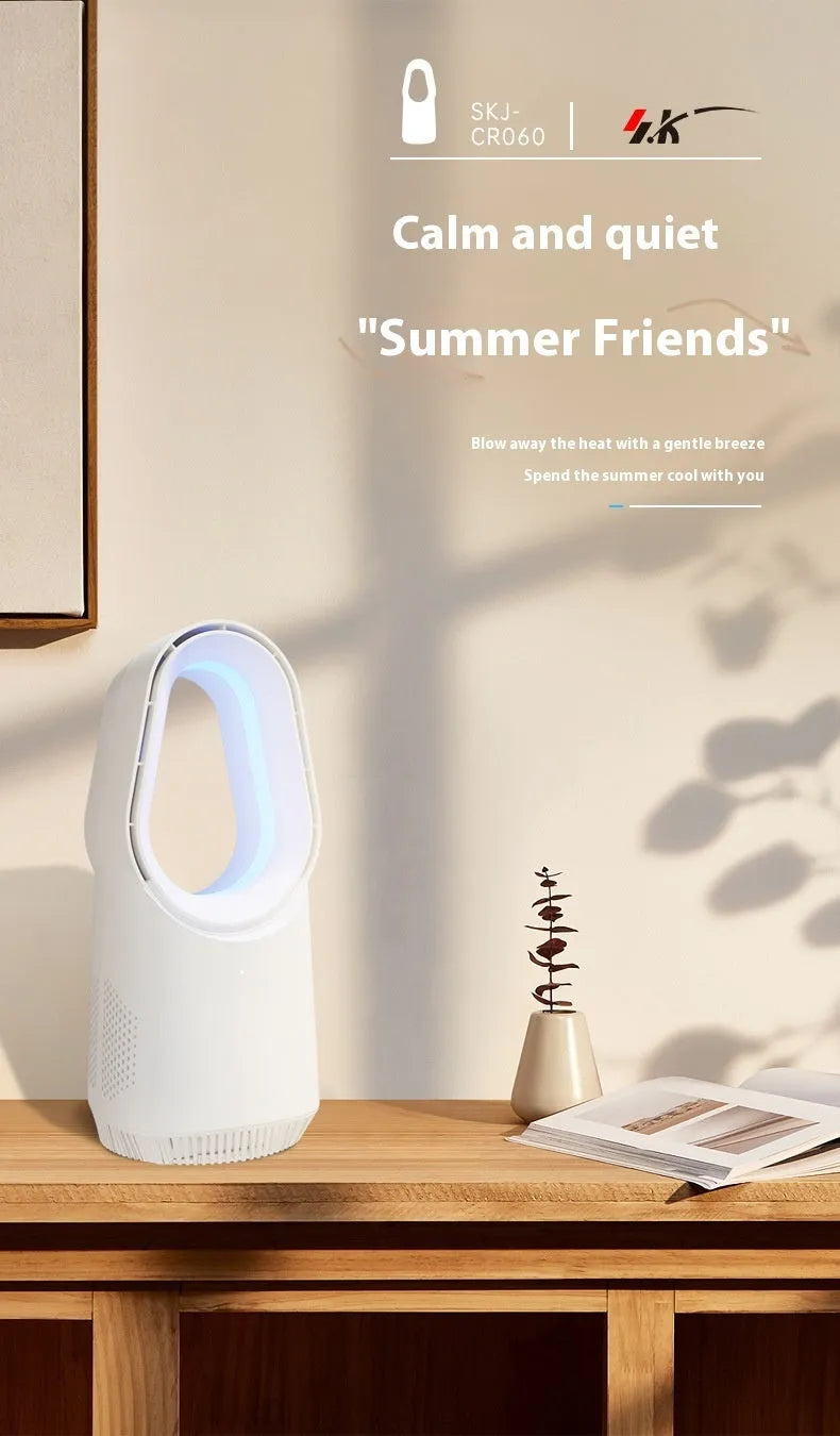 White SK bladeless tower fan with touch screen control panel for home or office desktop cooling