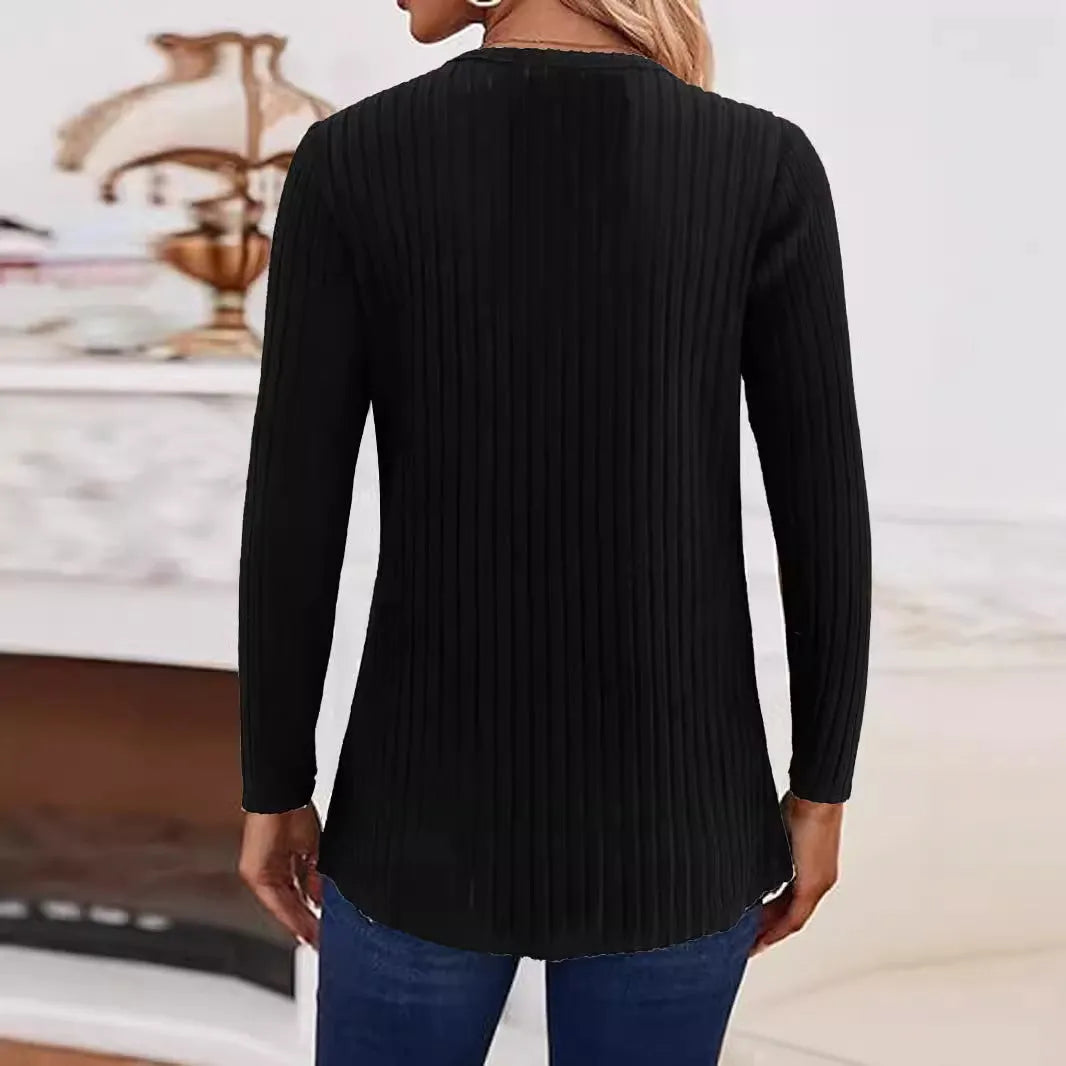 Solid colour casual knitted button pullover sweater in black or grey green.