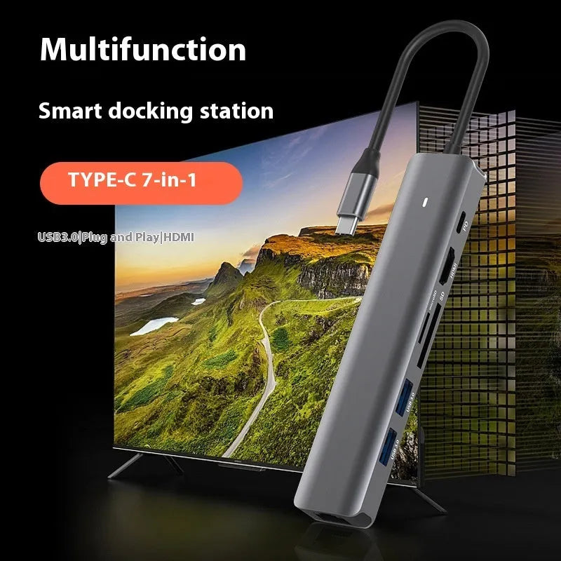 LQT-LH07 7-in-1 USB C hub with SD and TF card reader slots for laptop connectivity.