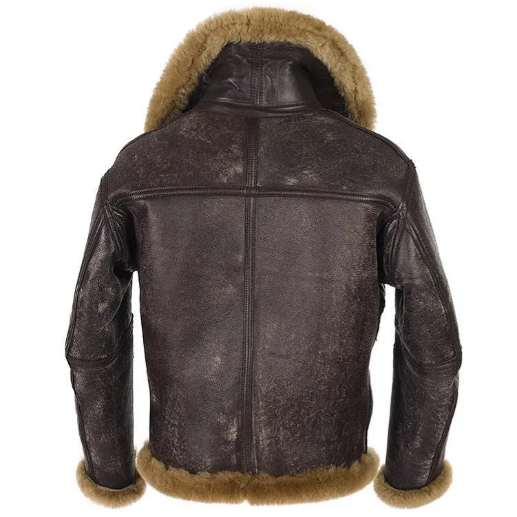 Men's brown retro synthetic leather winter fur coat with straight hem