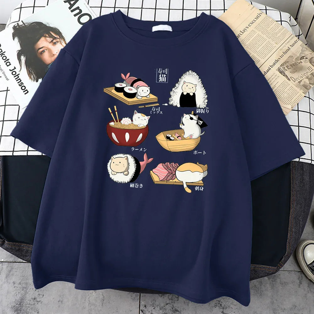 Men's cotton T-shirt with cartoon cat sushi design in loose fit with short sleeves