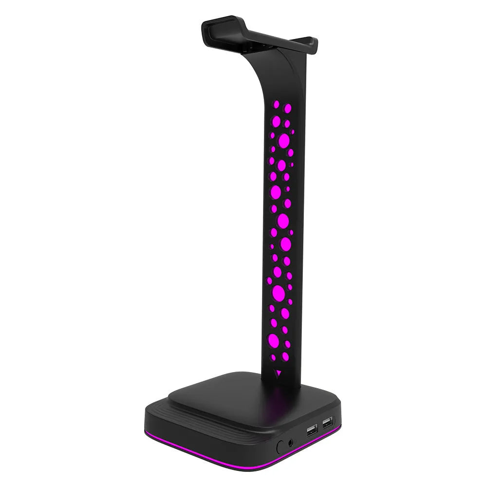 RGB headphone bracket with dual USB ports and customisable lighting on desk with headphones