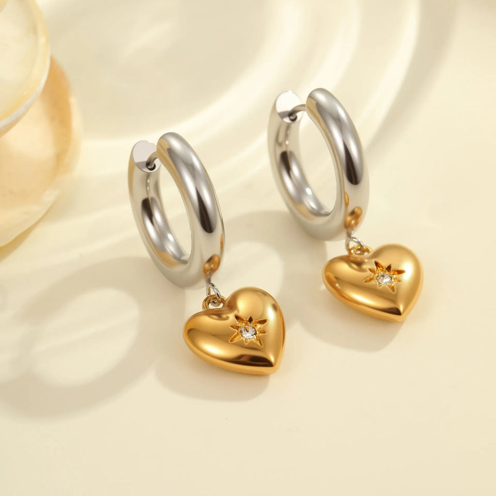 Stainless steel Christmas tree heart earrings with 18K gold electroplating and star geometry