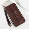 Men's black PU leather long wallet showing multiple card slots and note compartment.
