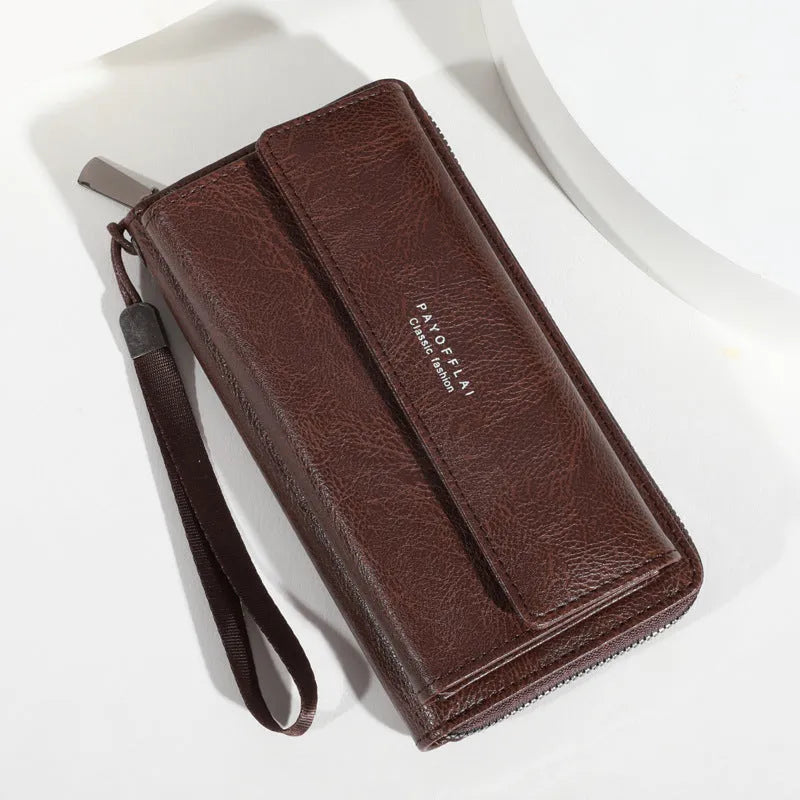 Men's black PU leather long wallet showing multiple card slots and note compartment.