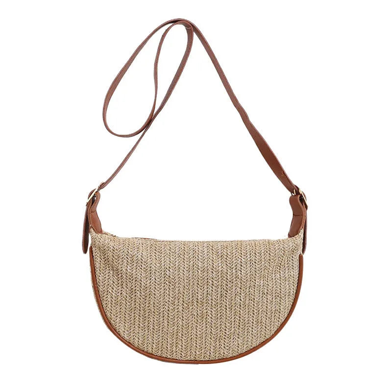 Women's knitted straw woven crossbody bag with internal compartments in corrugated brown colour