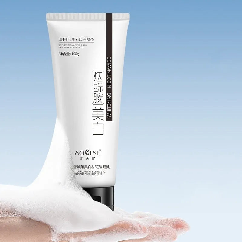 White facial cleanser bottle for whitening and freckle removal with pore cleansing benefits