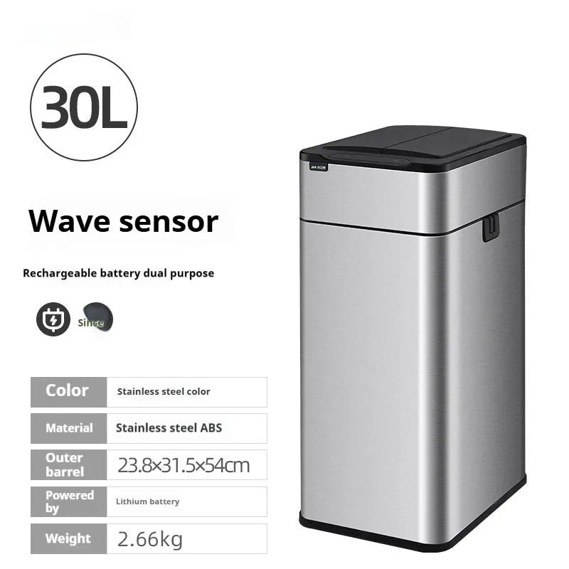 Stainless steel smart inductive trash can with square shape available in multiple sizes for kitchen and office