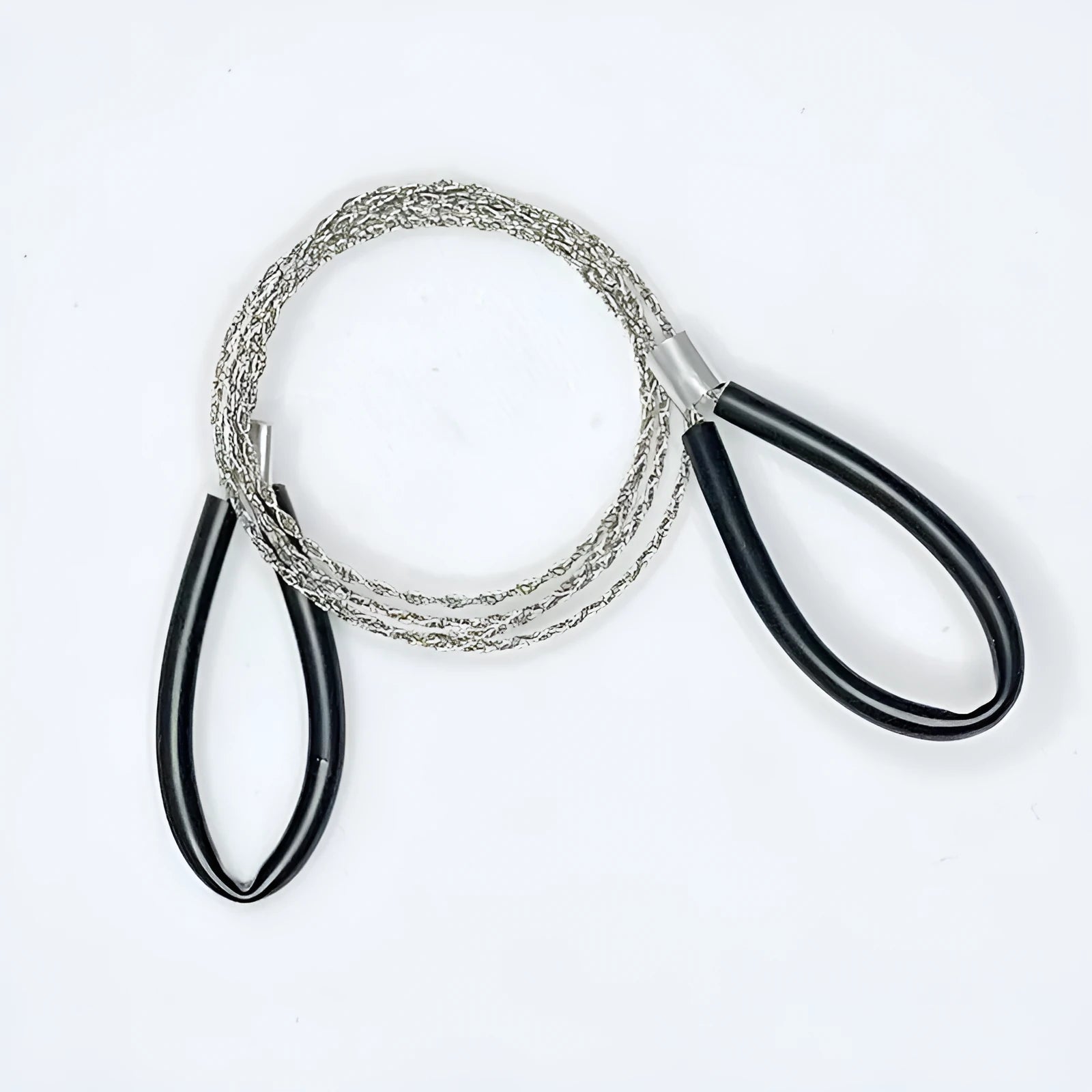 German stainless steel survival wire saw with black leather hand case, showing the four-strand cutting wire.