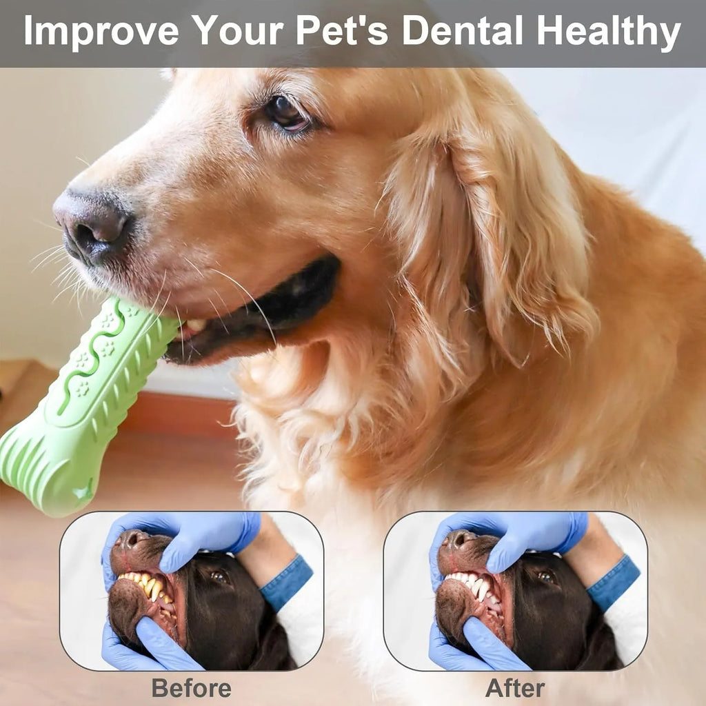 Blue bone-shaped natural rubber dog chew toy for aggressive chewers and teeth cleaning