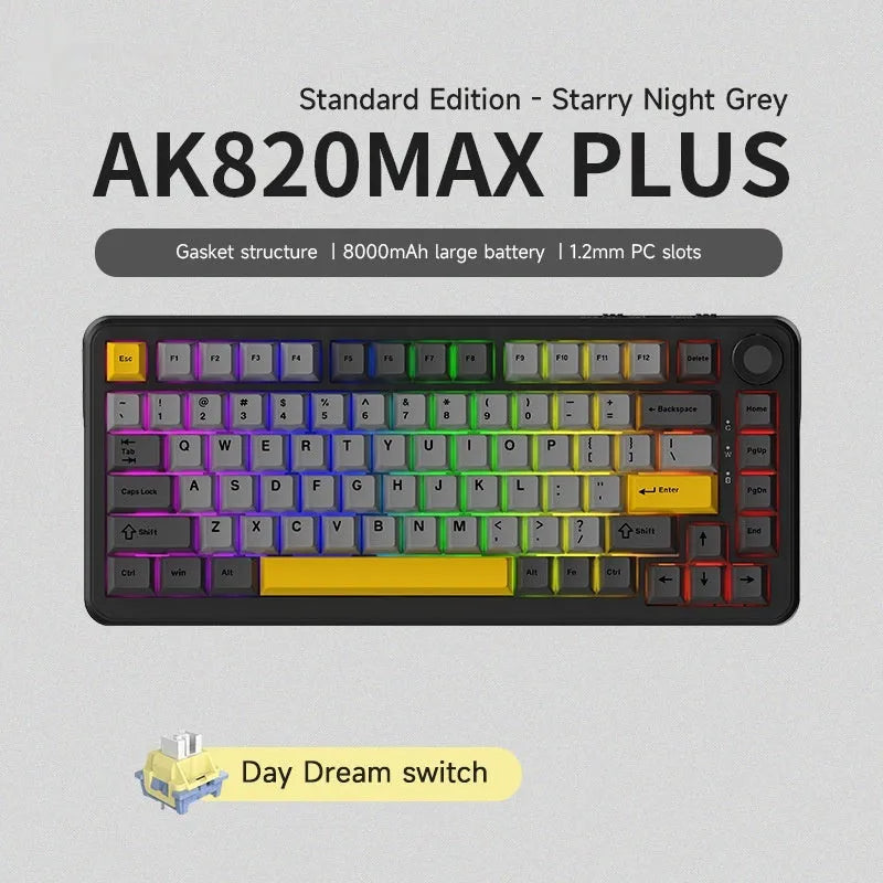 Black, Grey and Yellow three-mode wireless hot-swappable mechanical keyboard with key puller and tools.