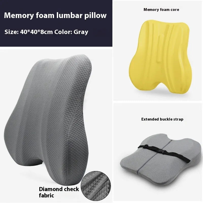 Grey lumbar support cushion for office chair, dimensions 40cm by 40cm by 8cm thick.