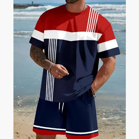 Men's loose-fit summer lounge suit set showing short-sleeved t-shirt and matching shorts in polyester fabric