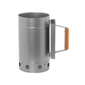 Outdoor barbecue charcoal fire igniter with zinc-iron alloy construction and carbon bucket style housing.