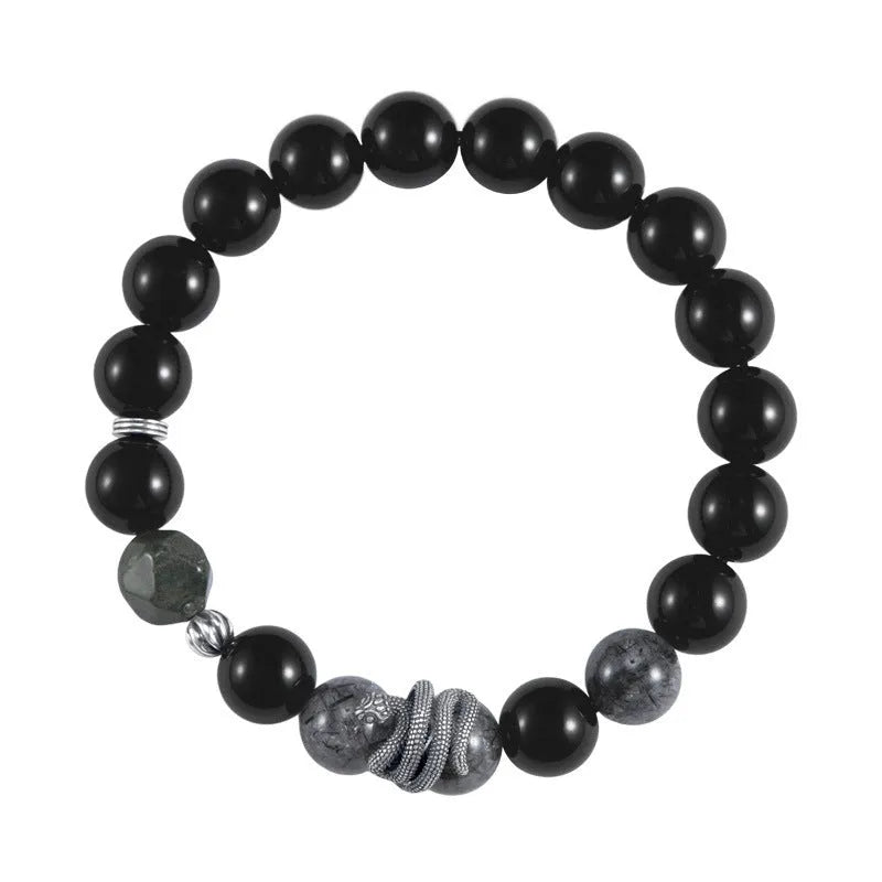 Men's S925 sterling silver snake bracelet with obsidian black crystal hair, 10mm width, retro zodiac style