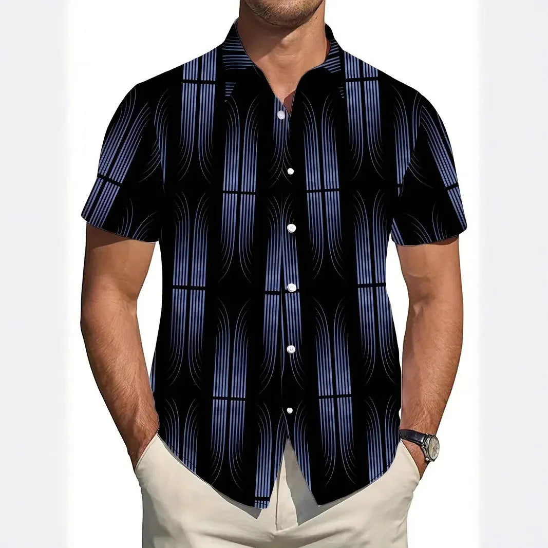 Men's slim fit short sleeve shirt with geometric line printing on the lapel, shown in a casual summer style.