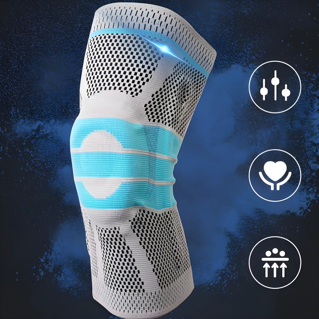 Sky blue silicone knee pads for sports, shown in S, M, L, XL sizes.