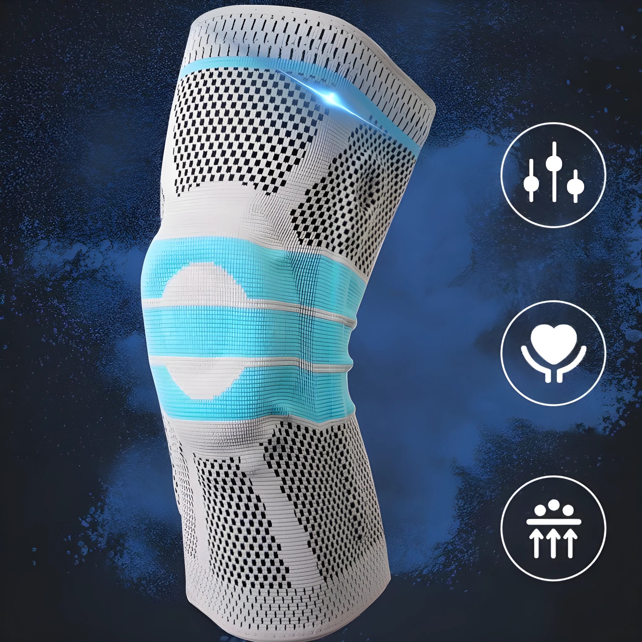 Sky blue silicone knee pads for sports, shown in S, M, L, XL sizes.