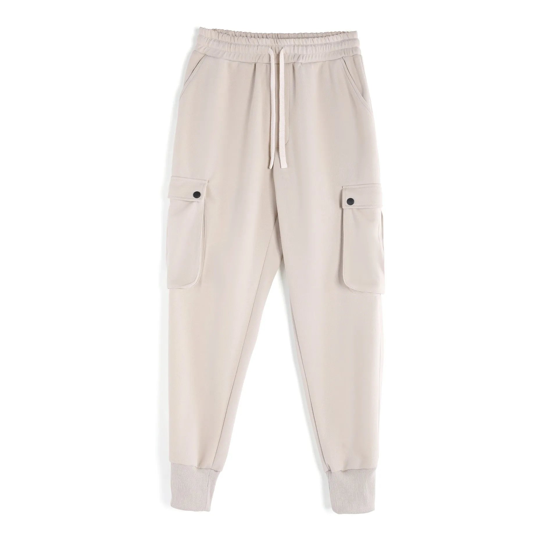 Men's loose light gray cotton trousers with ankle-tied cuffs and multiple pockets
