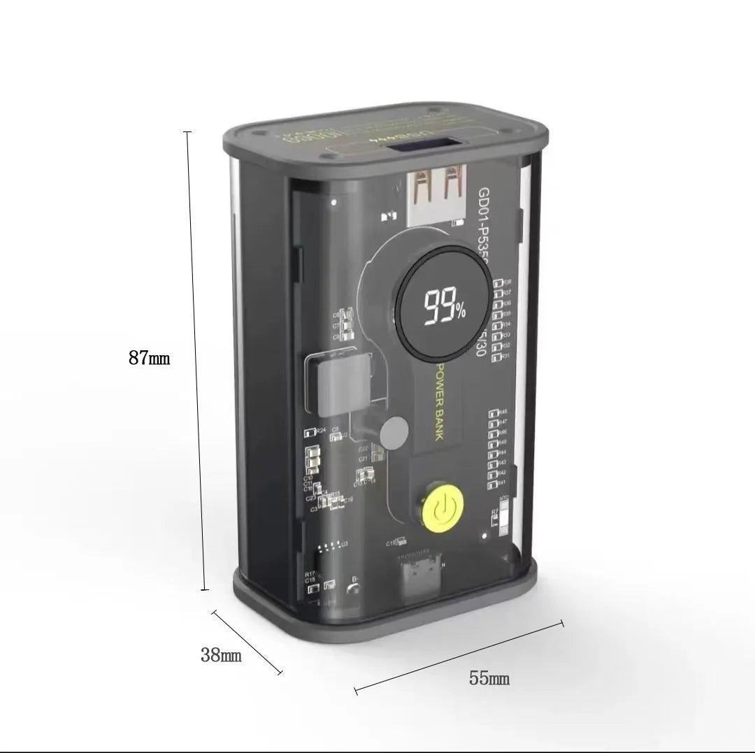 Transparent industrial cylindrical power bank with 10000mAh capacity in yellow colour